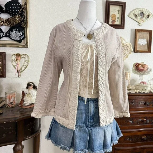 y2k girly grunge preppy twee brown and cream ruffled pinstripe jacket w hook and - Picture 3 of 5
